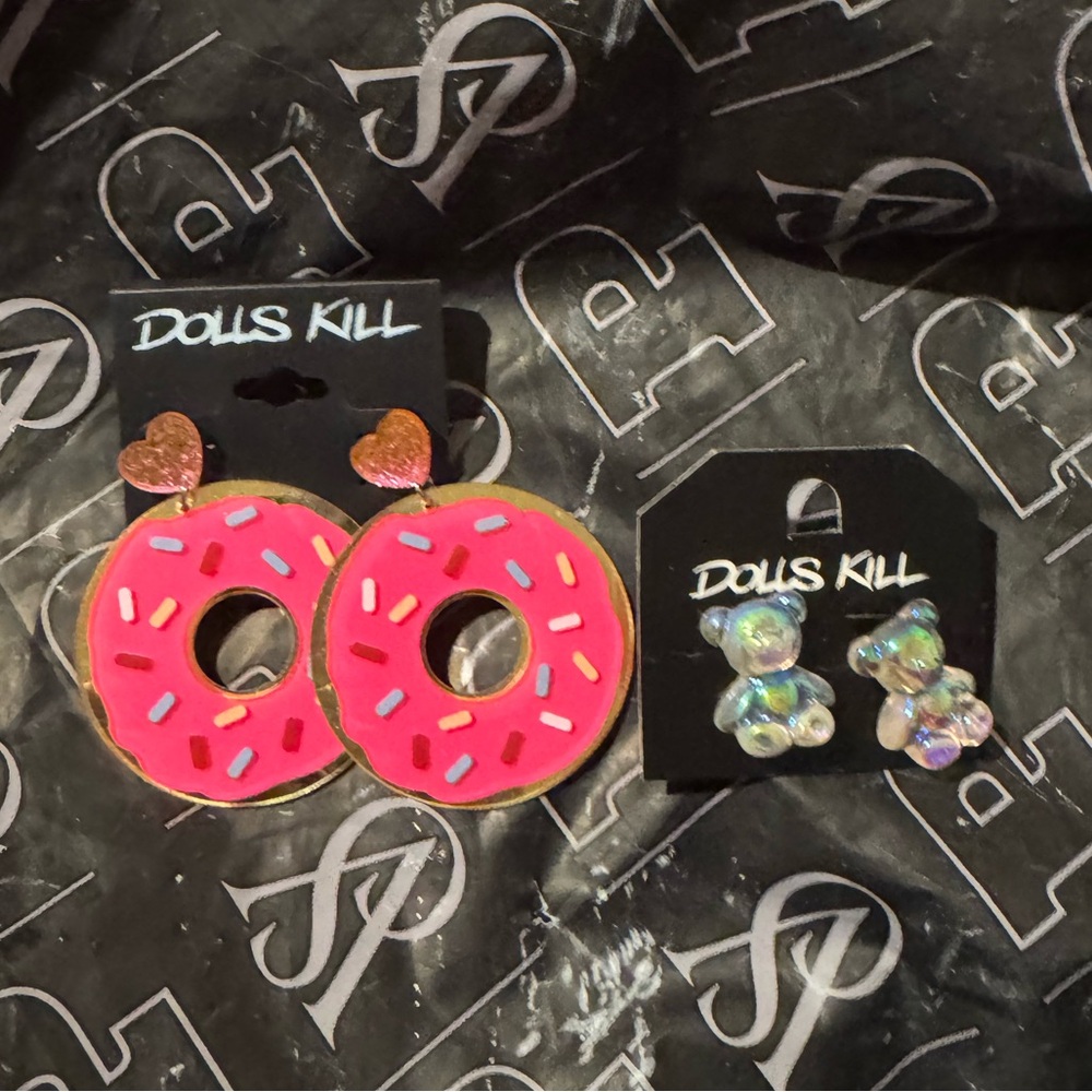 Dolls Kill Pink Donut and Iridescent Bear Earrings